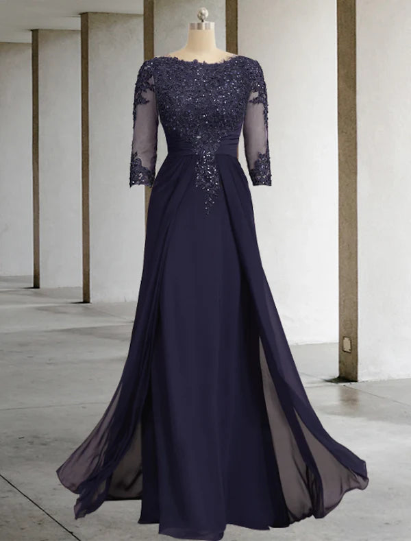 Sheath / Column Mother of the Bride Dress Formal Fall Wedding Guest Elegant Sparkle & Shine Jewel Neck Asymmetrical Floor Length Chiffon Lace 3/4 Length Sleeve with Appliques