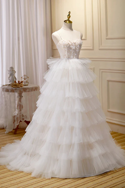 Champagne Sweetheart Layers Princess Dress Spaghetti Straps Tulle Formal Gown Wedding Dress