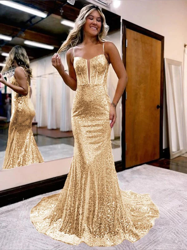 Trumpet/Mermaid Sequins Sweetheart Sleeveless Court Train Corset Dresses Sparkly Evening Dress