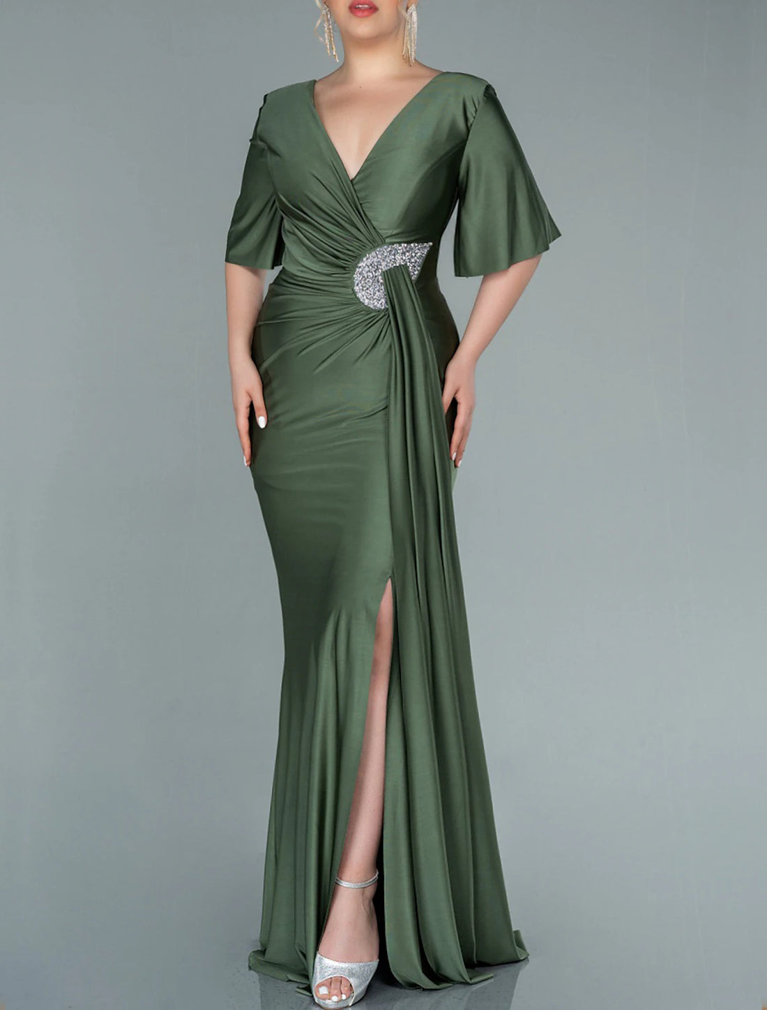 Mermaid / Trumpet Mother of the Bride Dress Wedding Guest Party Elegant V Neck Sweep / Brush Train Stretch Satin Imitated Silk Half Sleeve