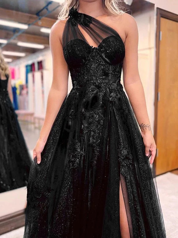 A-Line/Princess Tulle Applique One-Shoulder Sleeveless Sweep/Brush Train Dresses Evening Dress