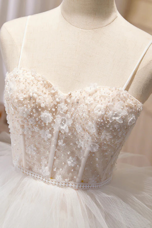 Champagne Sweetheart Layers Princess Dress Spaghetti Straps Tulle Formal Gown Wedding Dress