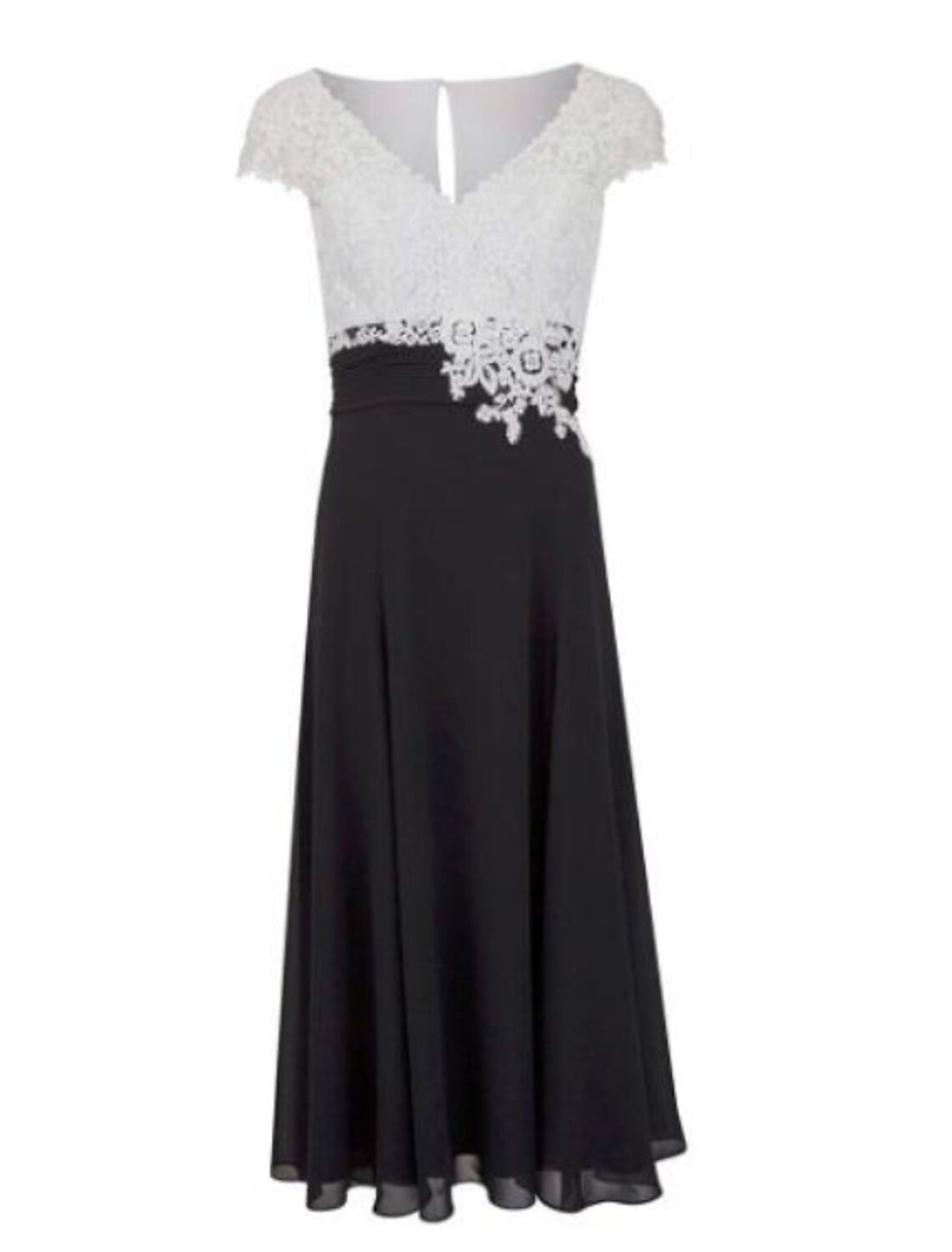 A-Line Mother of the Bride Dress Plus Size Plunging Neck Tea Length Chiffon Lace Short Sleeve with Appliques Elegant