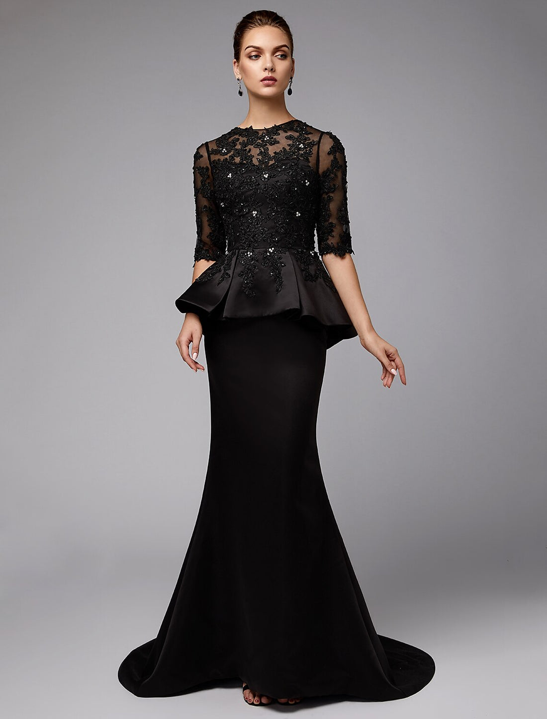 Mermaid / Trumpet Mother of the Bride Dress Sexy See Through Jewel Neck Sweep / Brush Train Satin Lace Half Sleeve with Beading Appliques Elegant
