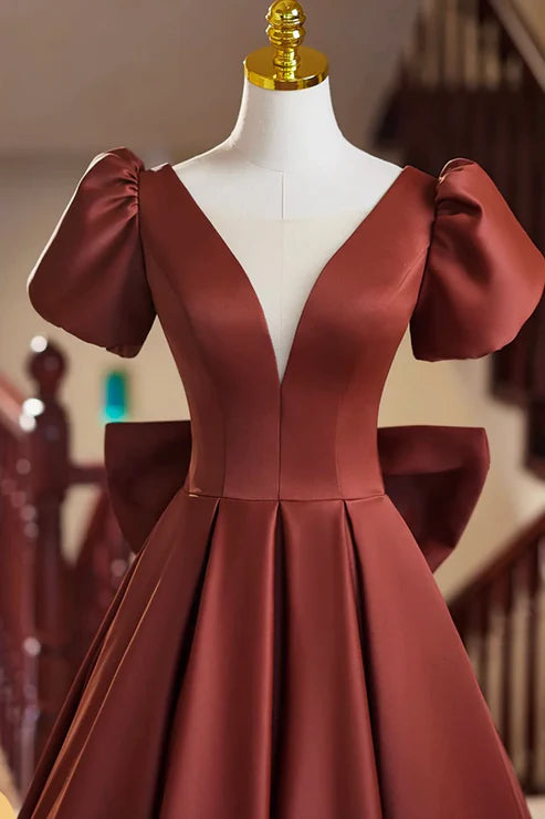 A-Line Elegant Short Sleeve Satin Floor Length Evening Dress V-neck Prom Dress With Bow