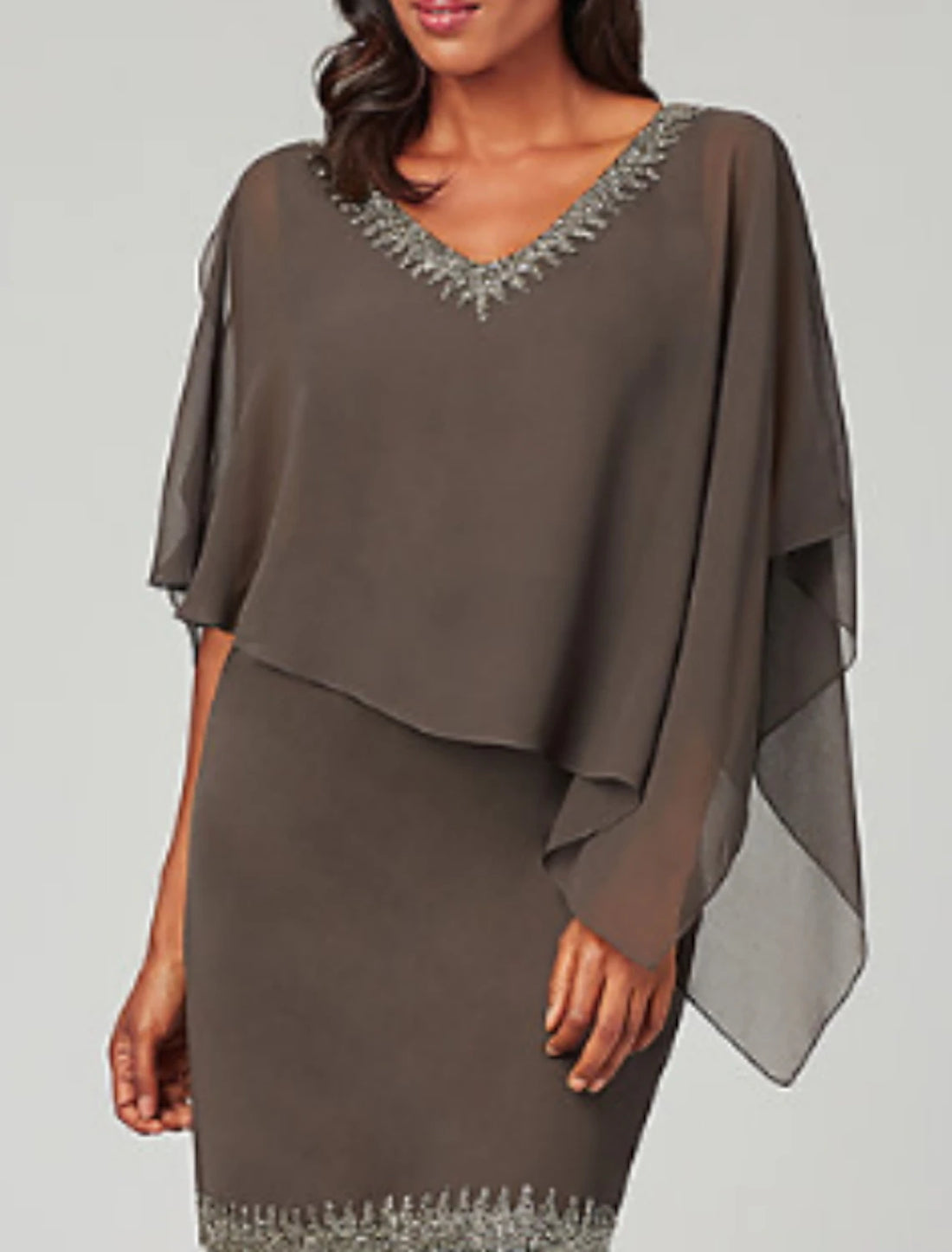 Sheath / Column Mother of the Bride Dress Plus Size Jewel Neck Short / Mini Chiffon 3/4 Length Sleeve with Beading