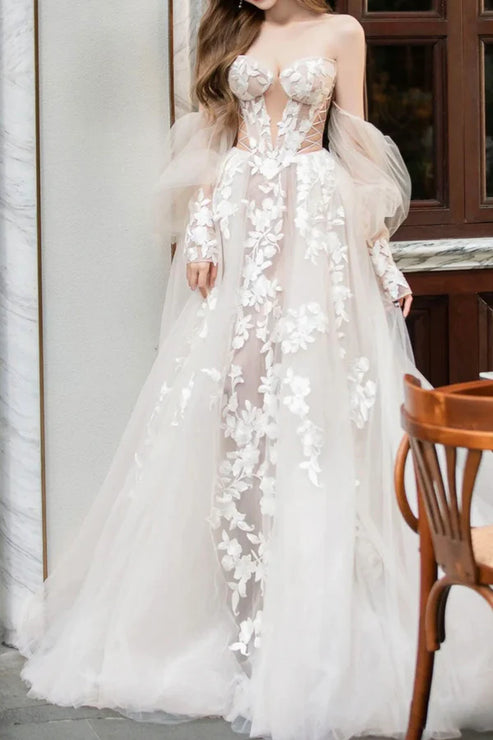 Champagne Lace Long A-Line Ball Gown Off Shoulder Wedding Dress Beautiful