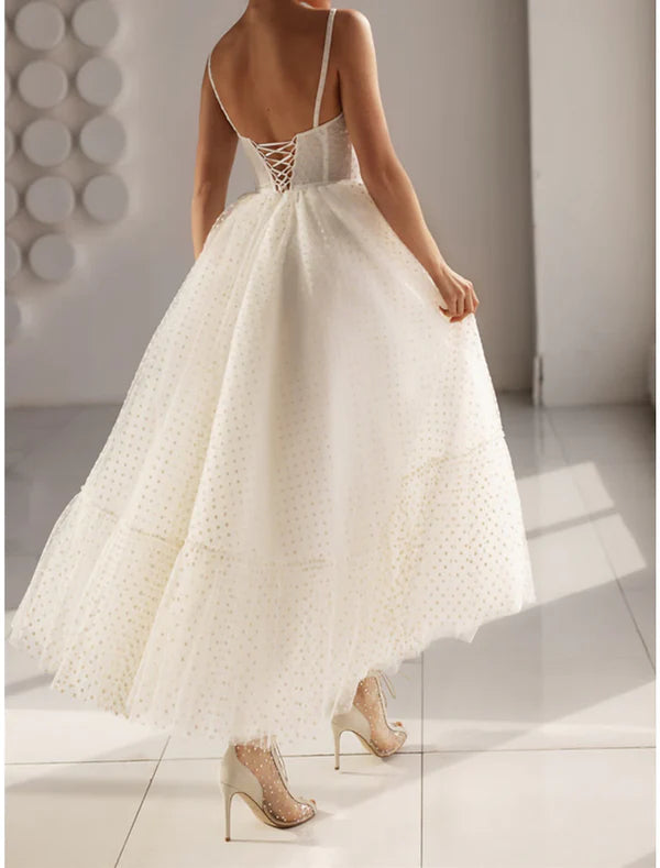 Reception Little White Dresses Wedding Dresses A-Line Sweetheart Camisole Spaghetti Strap Ankle Length Tulle Bridal Gowns