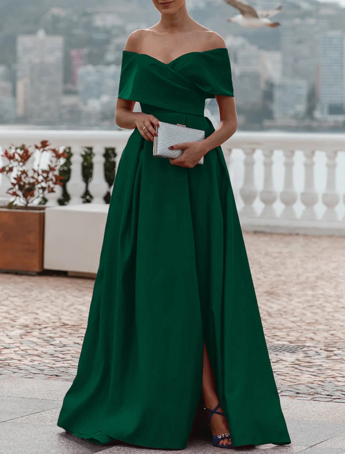 A-Line Evening Gown Party Dress Celebrity Style Dress Formal Wedding Court Train Sleeveless Off Shoulder Bridesmaid Dress Satin with Slit