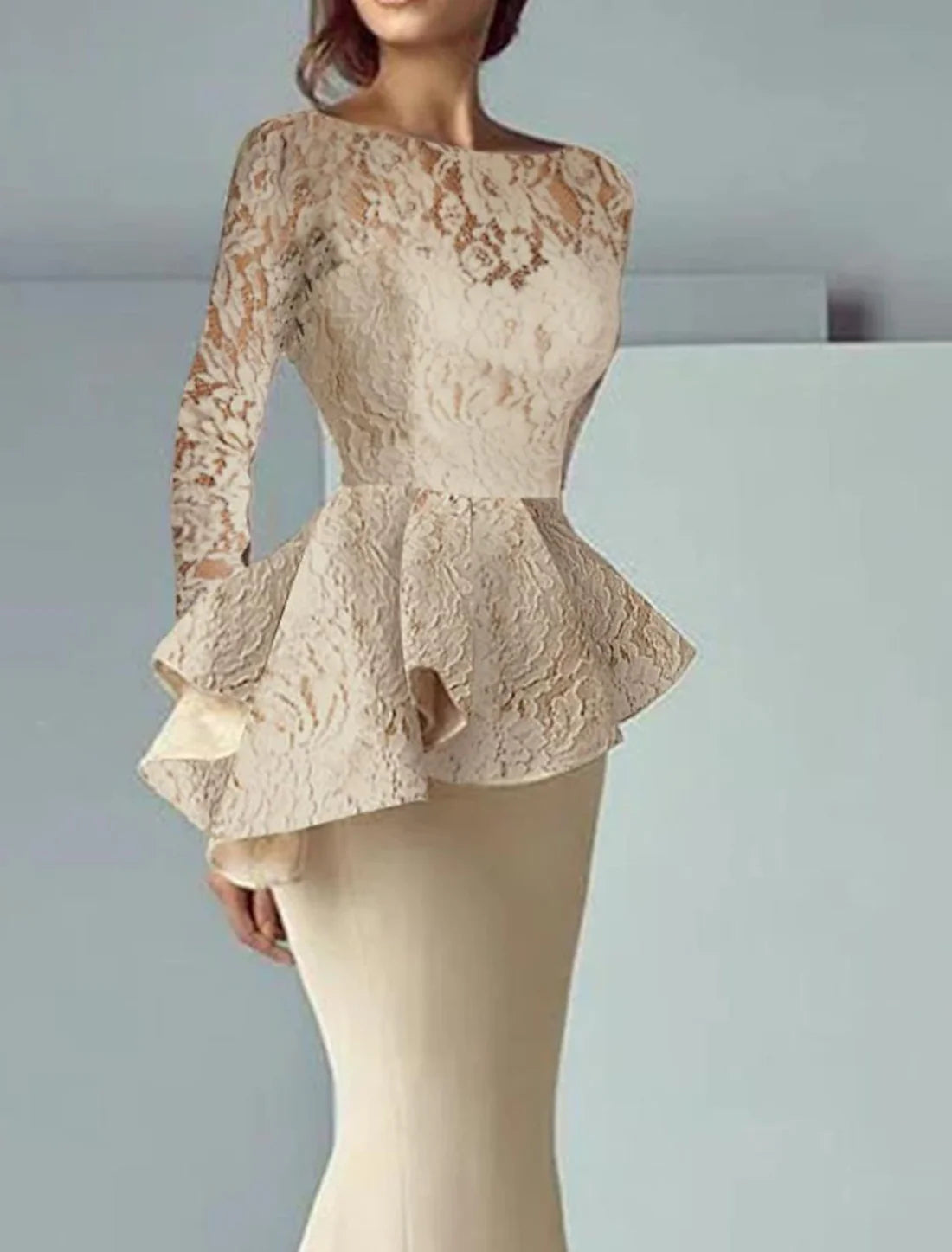 Mermaid / Trumpet Mother of the Bride Dress Formal Wedding Guest Elegant Scoop Neck Floor Length Lace Long Sleeve with Ruffles