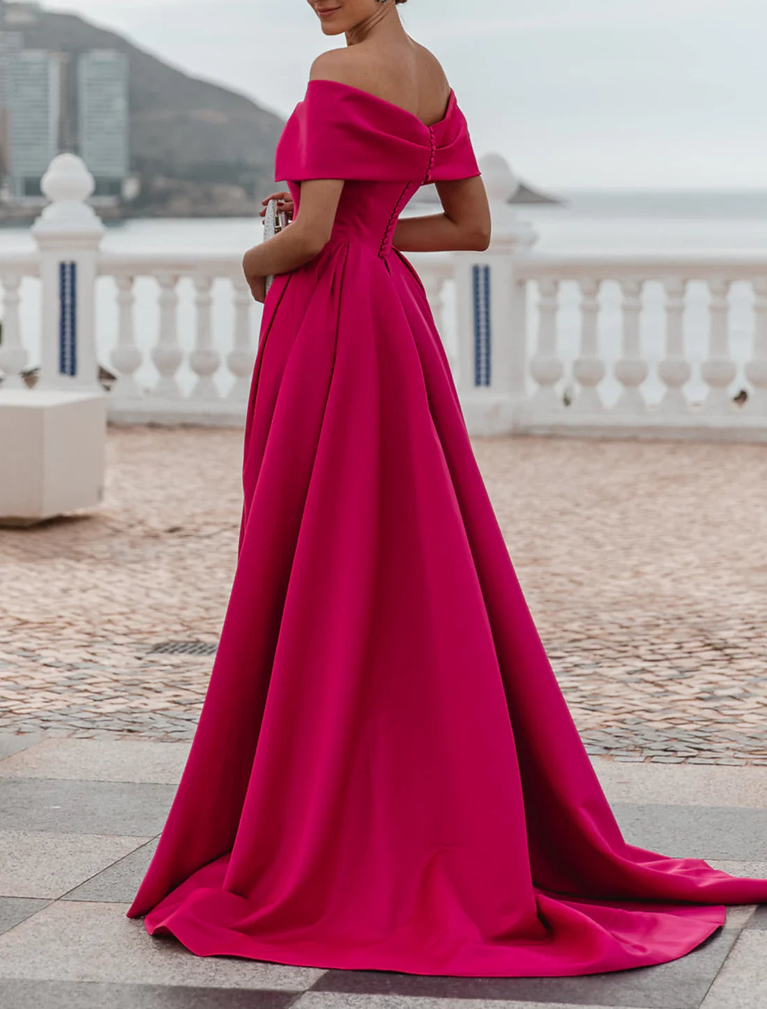 A-Line Evening Gown Party Dress Celebrity Style Dress Formal Wedding Court Train Sleeveless Off Shoulder Bridesmaid Dress Satin with Slit