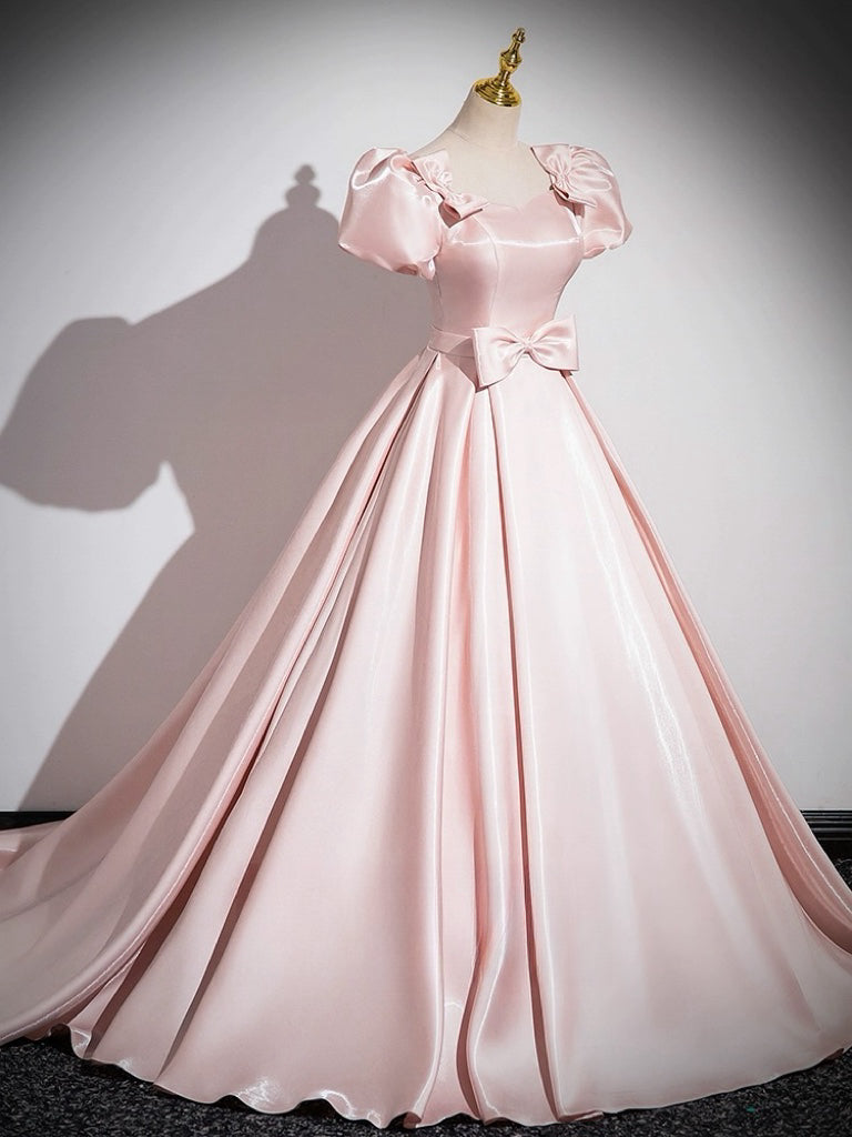 A-Line Satin Pink Long Prom Dress Formal Dress Short Sleeves Evening Dress With Bow(s)