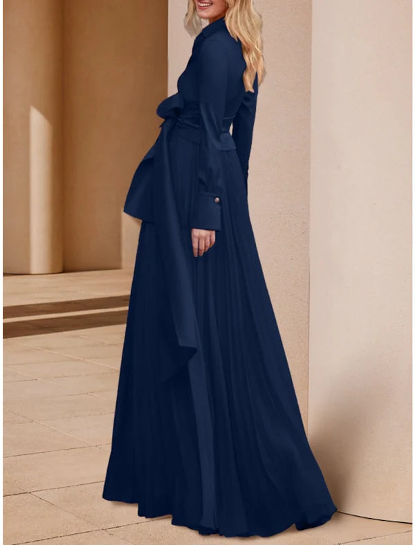 A-Line Mother of the Bride Dress Wedding Guest Elegant V Neck Floor Length Long Sleeve with Bow(s) Ruching