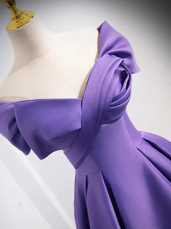 Simple Off Shoulder Satin Purple Long Prom Dress Court Train Dresses Evening Dress