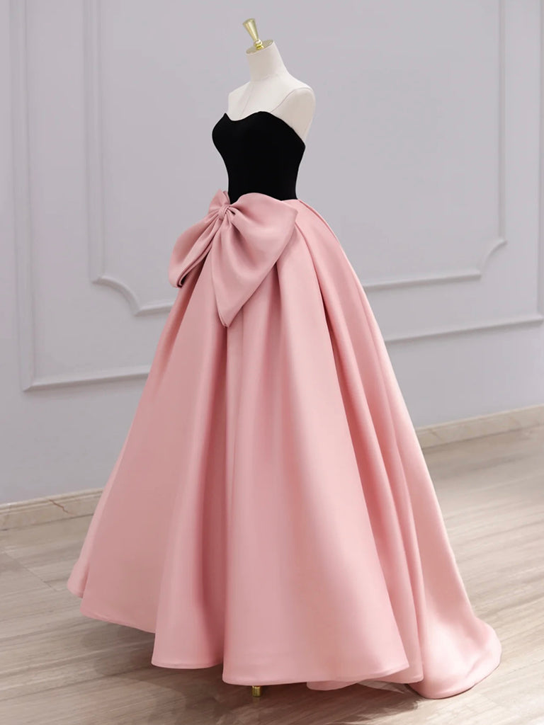 A-Line Sweetheart Neck Satin Velvet Pink Long Prom Dress Formal Dress Off Shoulder Evening Dress With Bow(s)