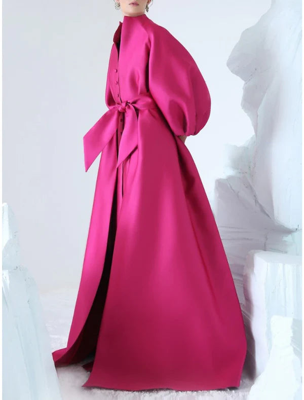 A-Line Evening Gown Elegant Dress Formal Sweep / Brush Train Long Sleeve V Neck Satin with Bow(s) Slit