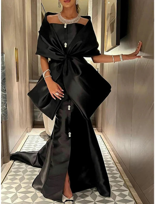 Mermaid / Trumpet Evening Gown Elegant Dress Formal Court Train Half Sleeve Off Shoulder Satin with Bow(s)