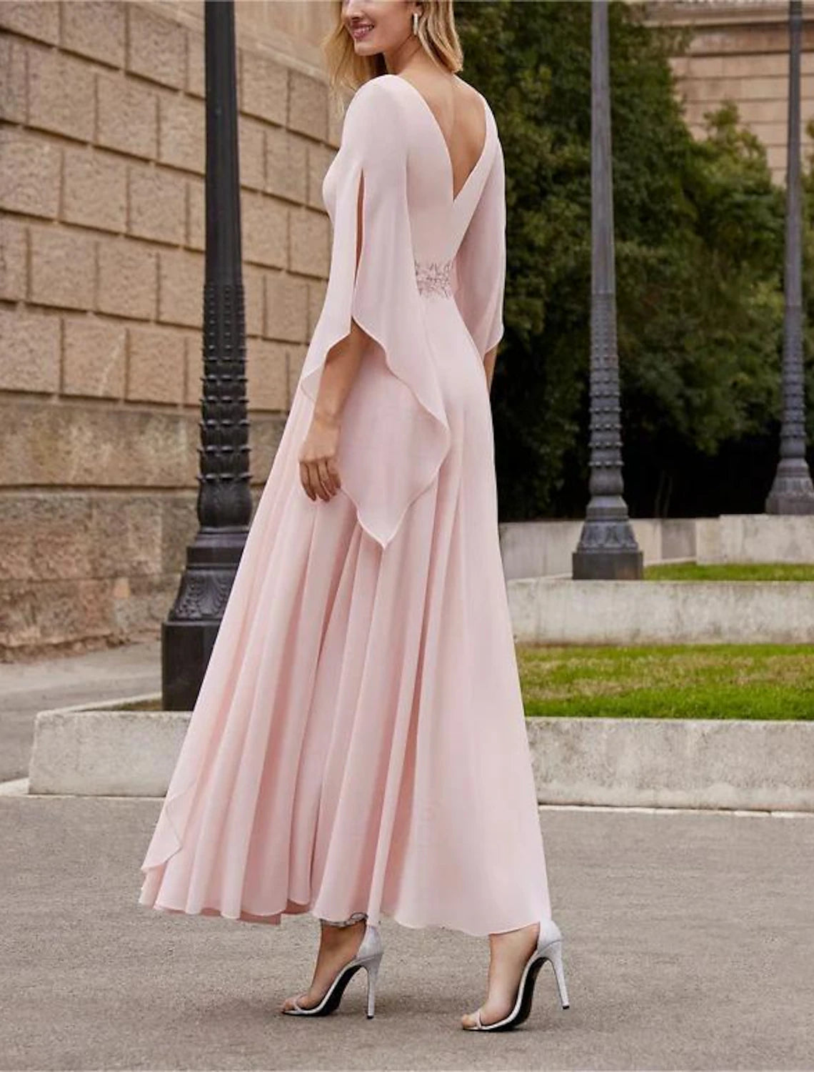 A-Line Mother of the Bride Dress Formal Wedding Guest Elegant Dress Bateau Neck Ankle Length Chiffon 3/4 Length Sleeve with Beading Beautiful
