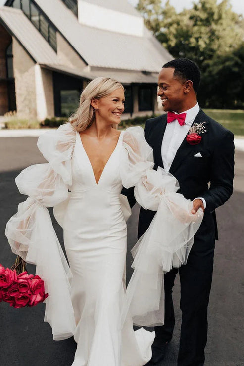 Fairy Mermaid Satin Long Wedding Dresses with Long Sleeves Fashion With Bow