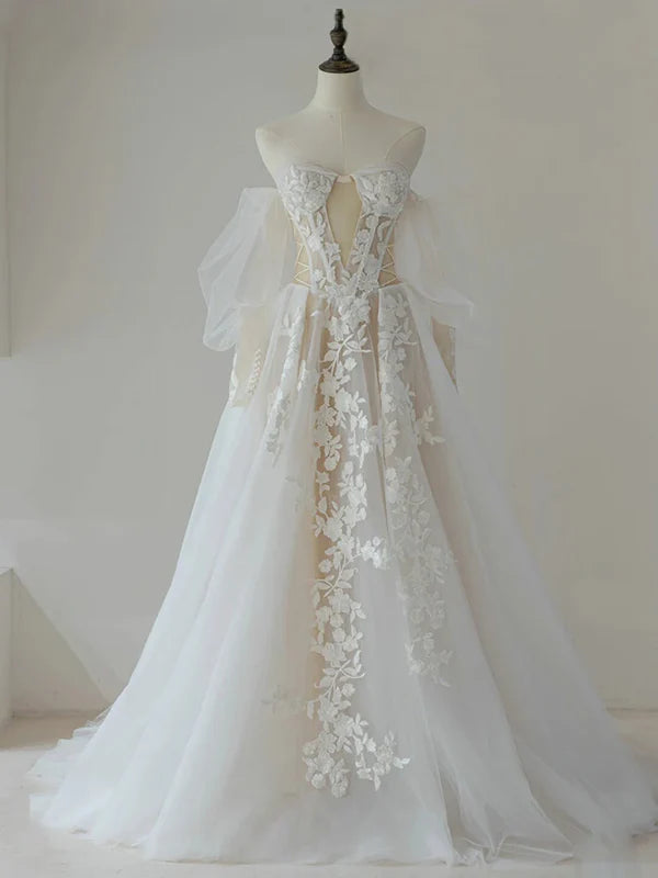 A-Line Lace Tulle Long Prom Dress Bride Gown Wedding Dress Beautiful