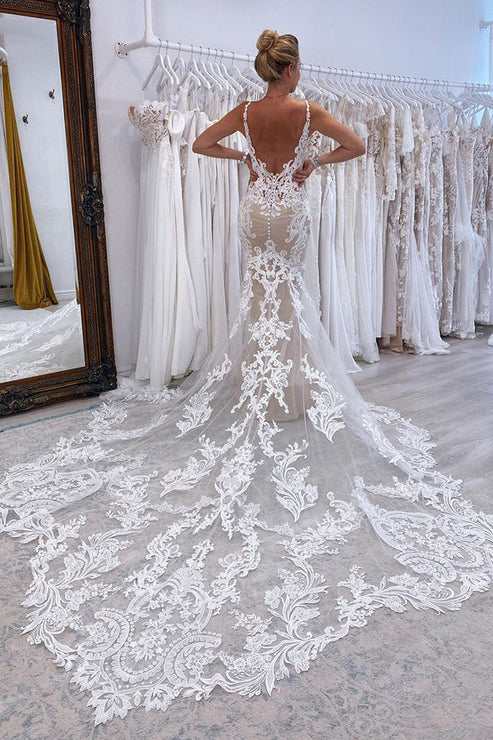 Mermaid V Neck Tulle Lace Wedding Dresses with Train White Beautiful