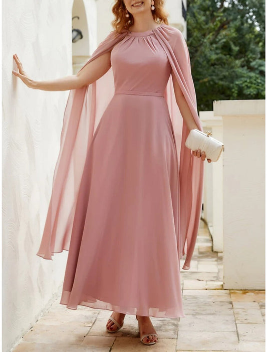 A-Line Mother of the Bride Dress Wedding Guest Elegant Jewel Neck Ankle Length Chiffon Sleeveless with Ruching