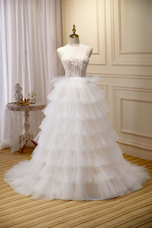 Champagne Sweetheart Layers Princess Dress Spaghetti Straps Tulle Formal Gown Wedding Dress