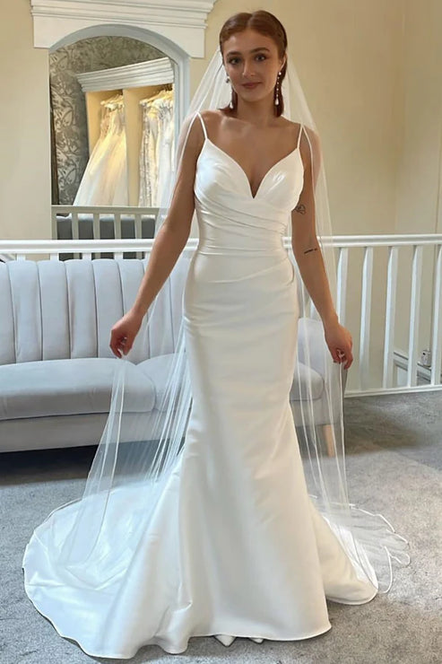 Ivory Spaghetti Strap Backless Mermaid Long Wedding Dress Sexy