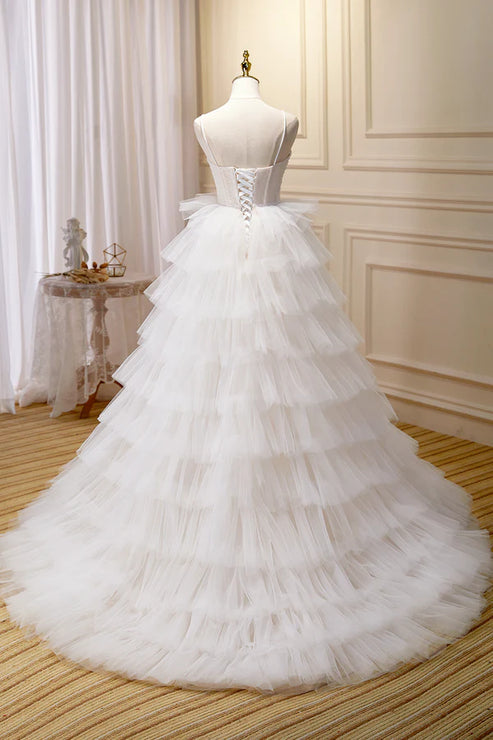Champagne Sweetheart Layers Princess Dress Spaghetti Straps Tulle Formal Gown Wedding Dress
