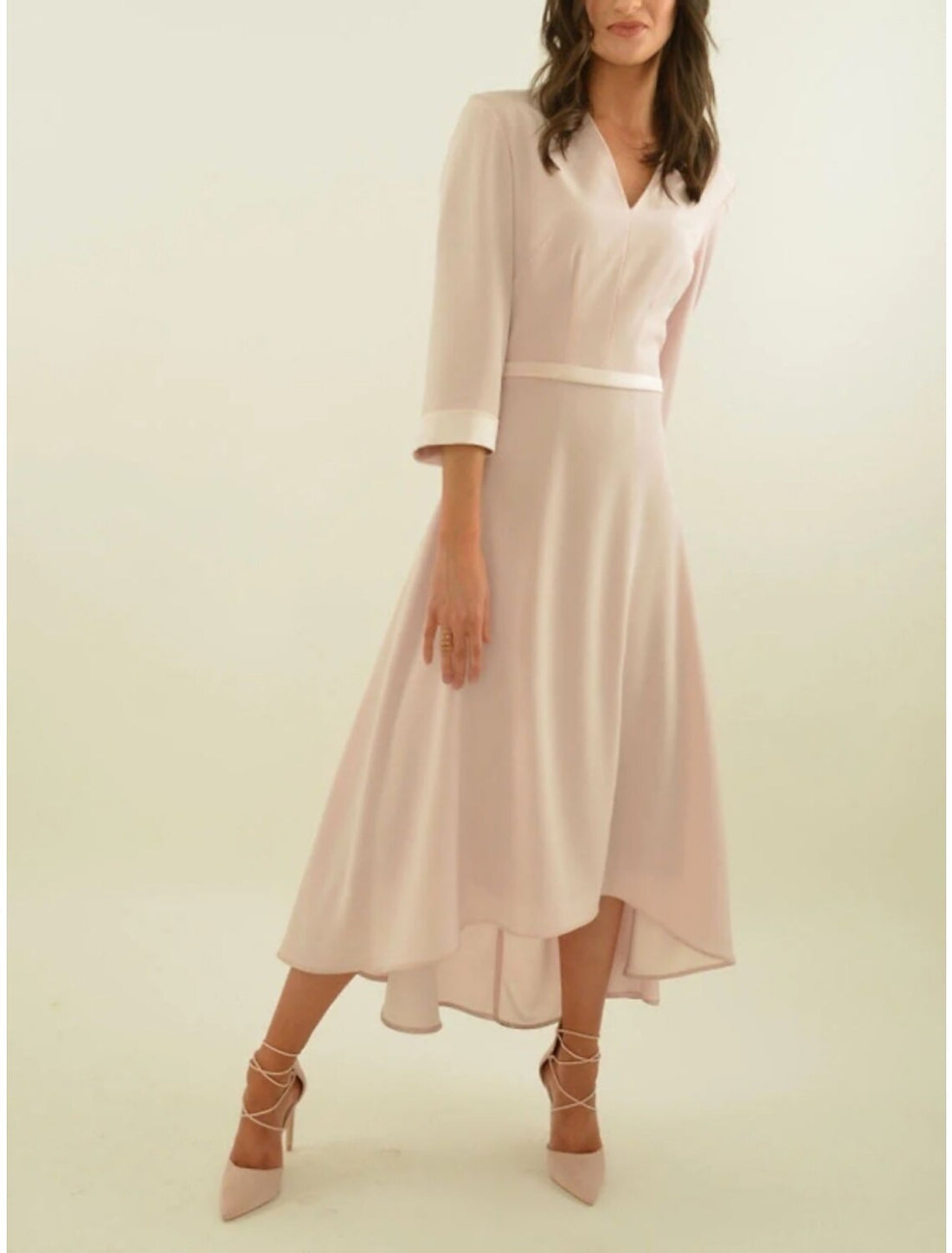 A-Line Mother of the Bride Dress Simple Elegant V Neck Asymmetrical Ankle Length Stretch Chiffon 3/4 Length Sleeve with Pleats