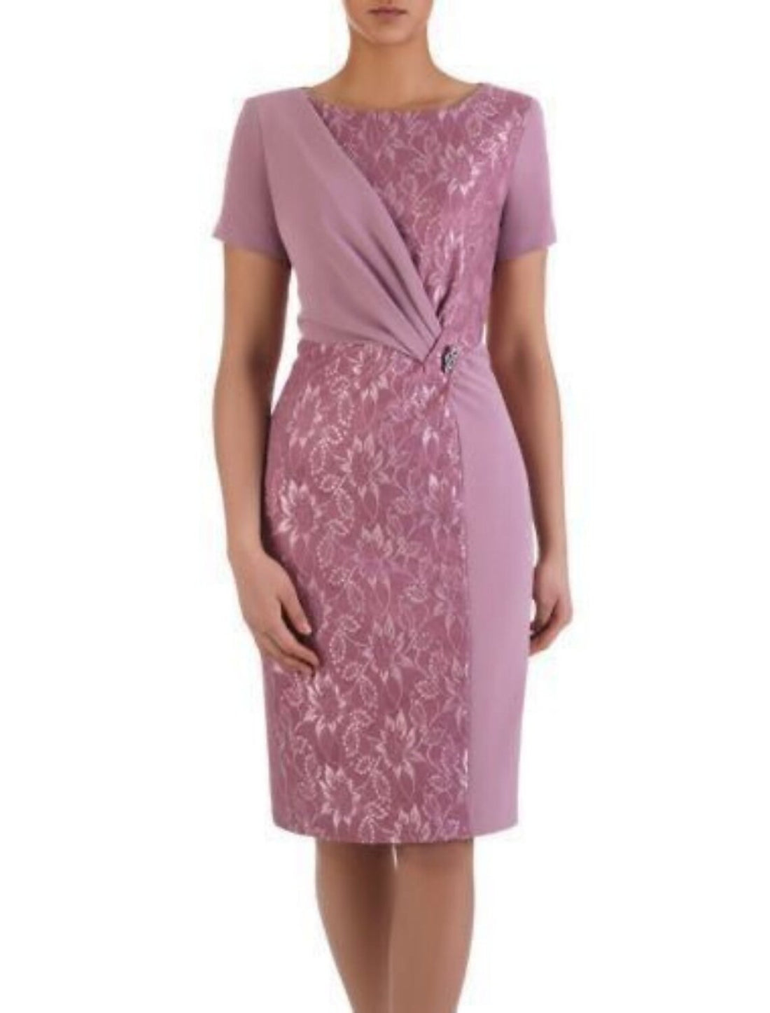 Sheath / Column Mother of the Bride Dress Wedding Guest Party Elegant Scoop Neck Knee Length Chiffon Lace Short Sleeve