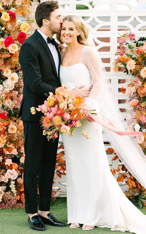 Mermaid Satin Simple Wedding Dress With Square Neckline And Long Sleeve Elegant