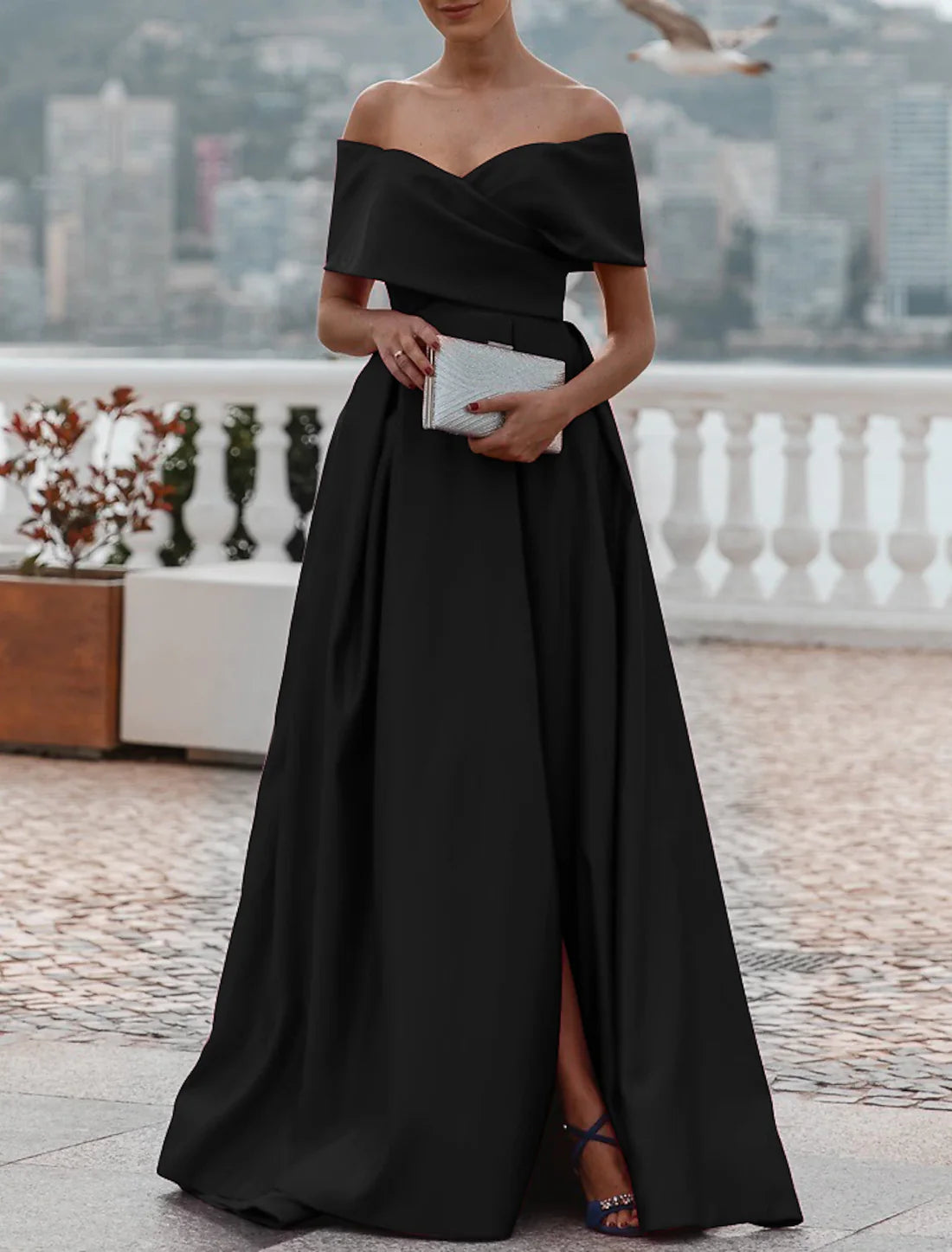 A-Line Evening Gown Party Dress Celebrity Style Dress Formal Wedding Court Train Sleeveless Off Shoulder Bridesmaid Dress Satin with Slit