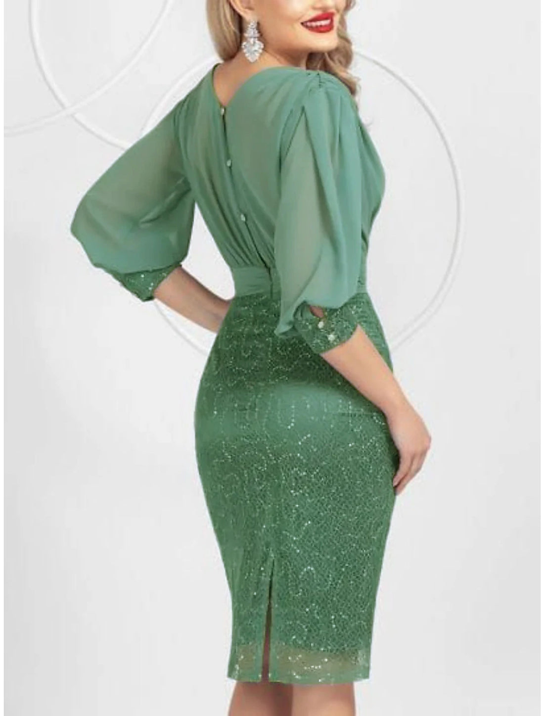 Sheath / Column Mother of the Bride Dress Wedding Guest Party Elegant V Neck Knee Length Chiffon Lace Half Sleeve with Sequin Split Front