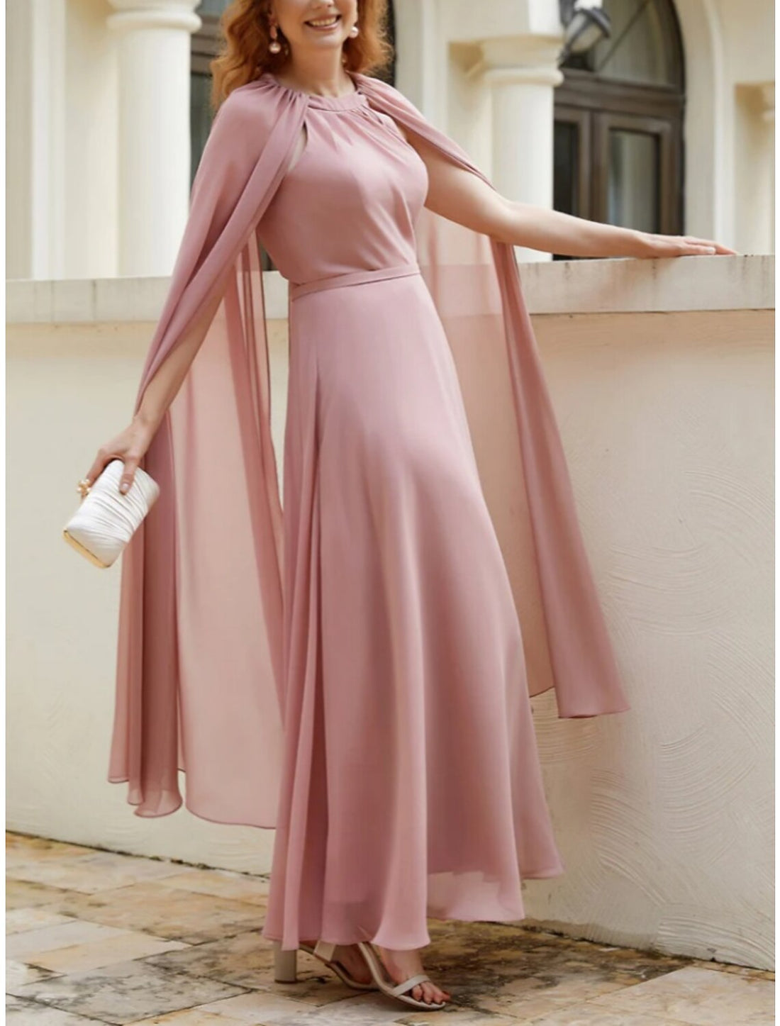 A-Line Mother of the Bride Dress Wedding Guest Elegant Jewel Neck Ankle Length Chiffon Sleeveless with Ruching