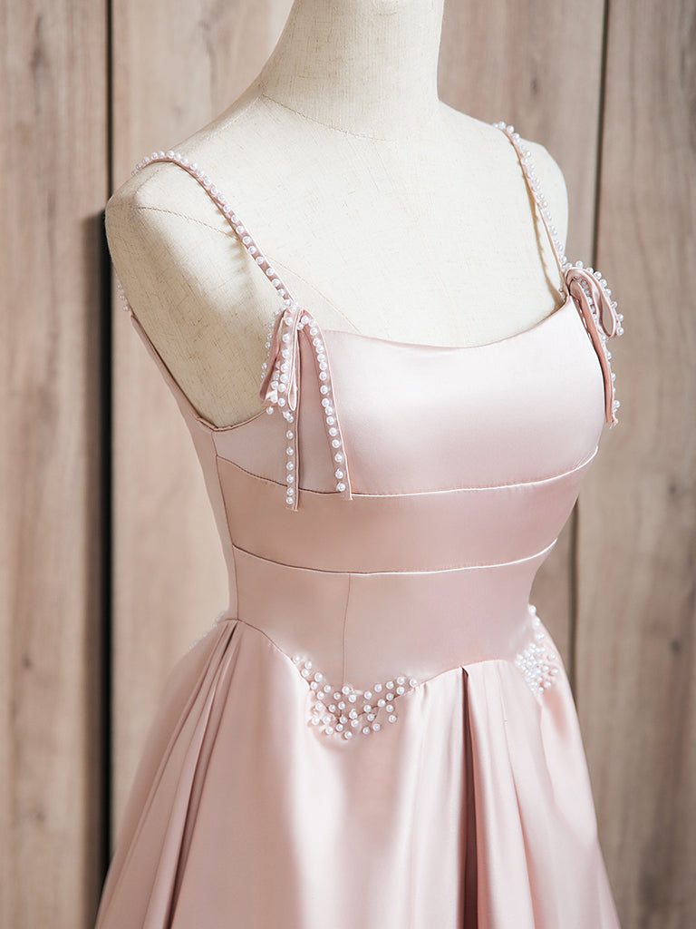 A-Line Satin Pink Long Prom Dress Long Formal Dress Floor Length Evening Dress