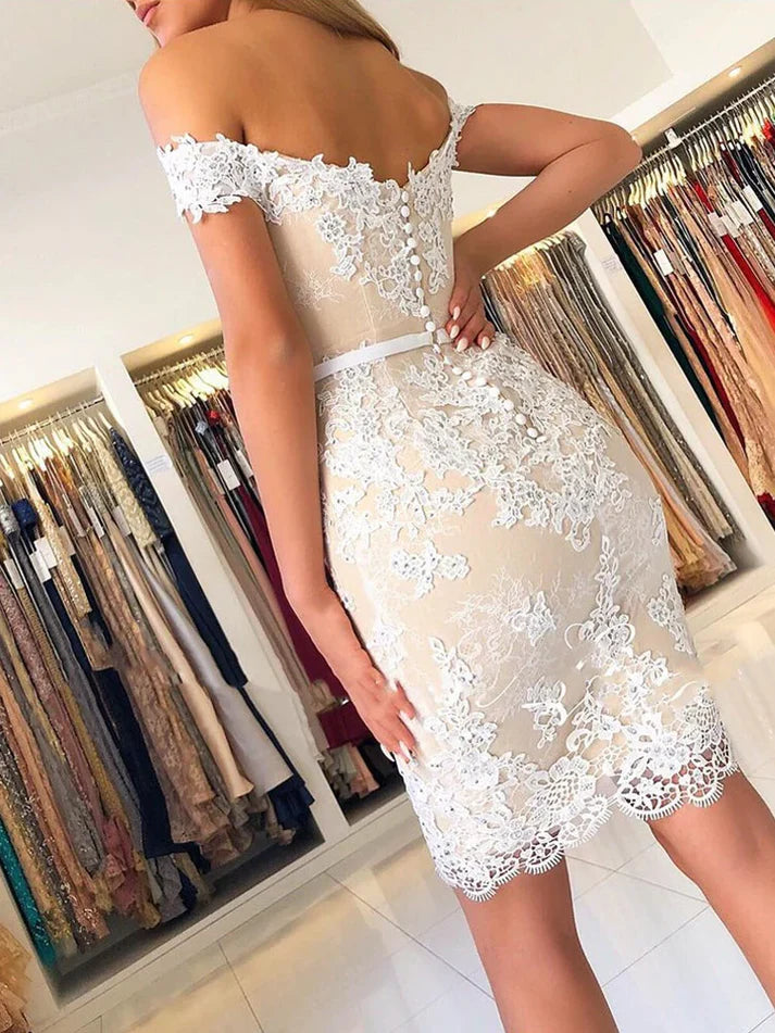Elegant Sheath Off-Shoulder Short Prom Dress with Appliques Lovely Homecoming Dress Charming Birthday Party Dress