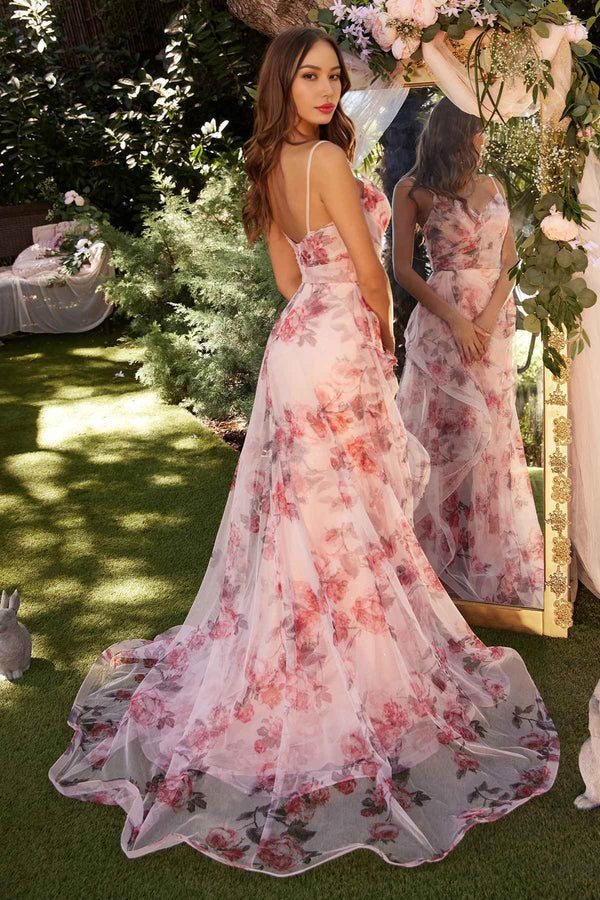 A Line Floral Printed Gown V-Neck Floor-length Prom Dress With Slit Evening Dress
