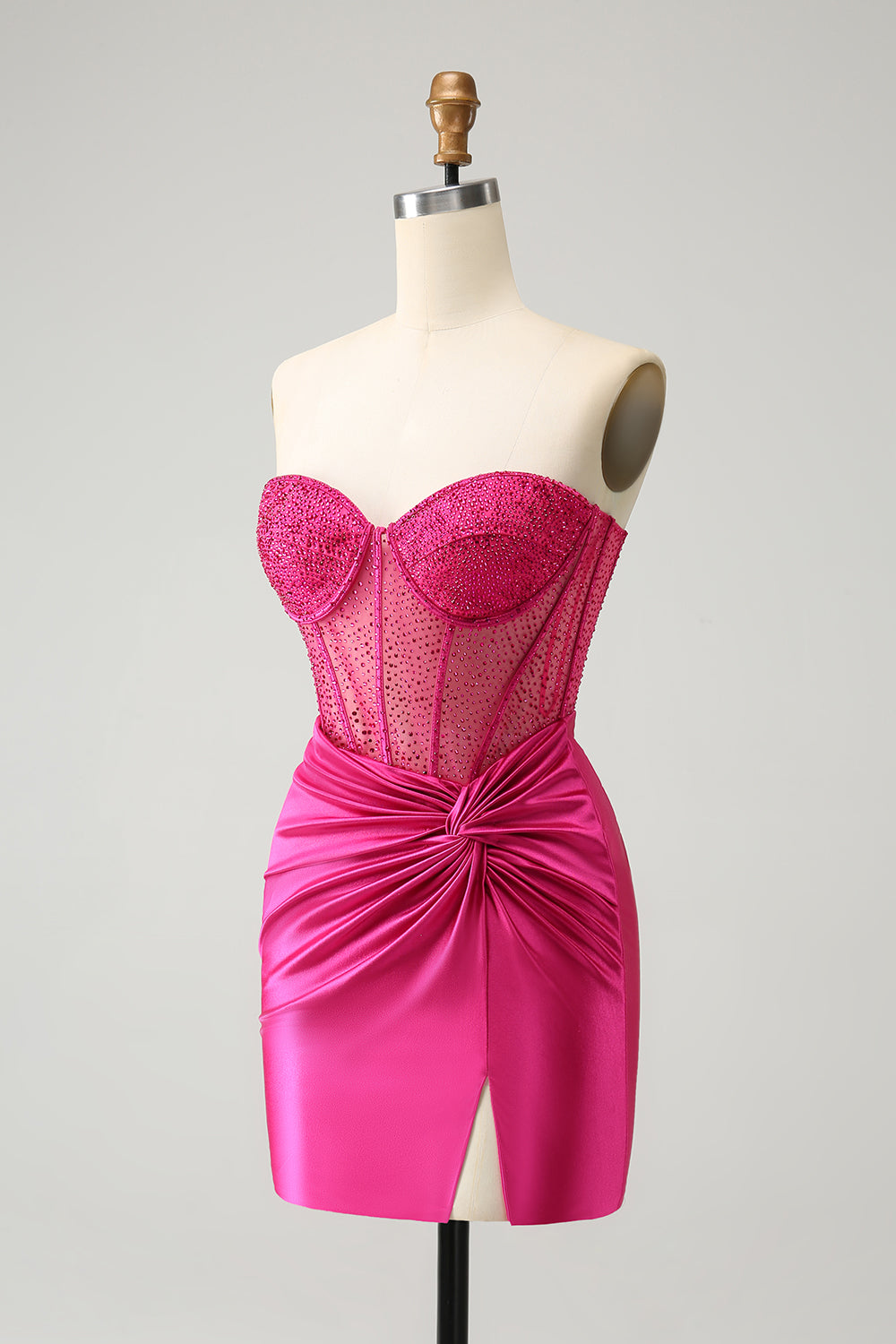 Glitter Hot Pink Strapless Pleated Corset Tight Homecoming Dress with Beading Short