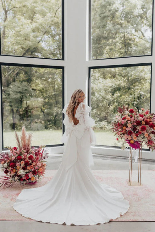 Fairy Mermaid Satin Long Wedding Dresses with Long Sleeves Fashion With Bow