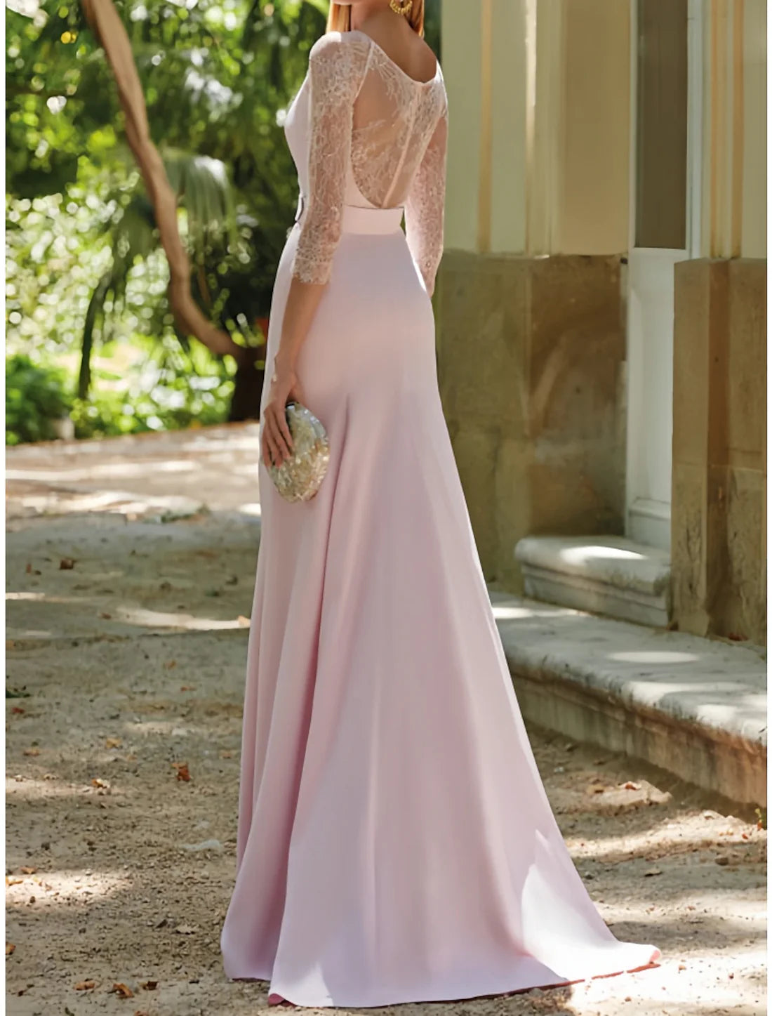 Mermaid / Trumpet Mother of the Bride Dress Wedding Guest Elegant Scoop Neck Sweep / Brush Train 3/4 Length Sleeve with Lace Split