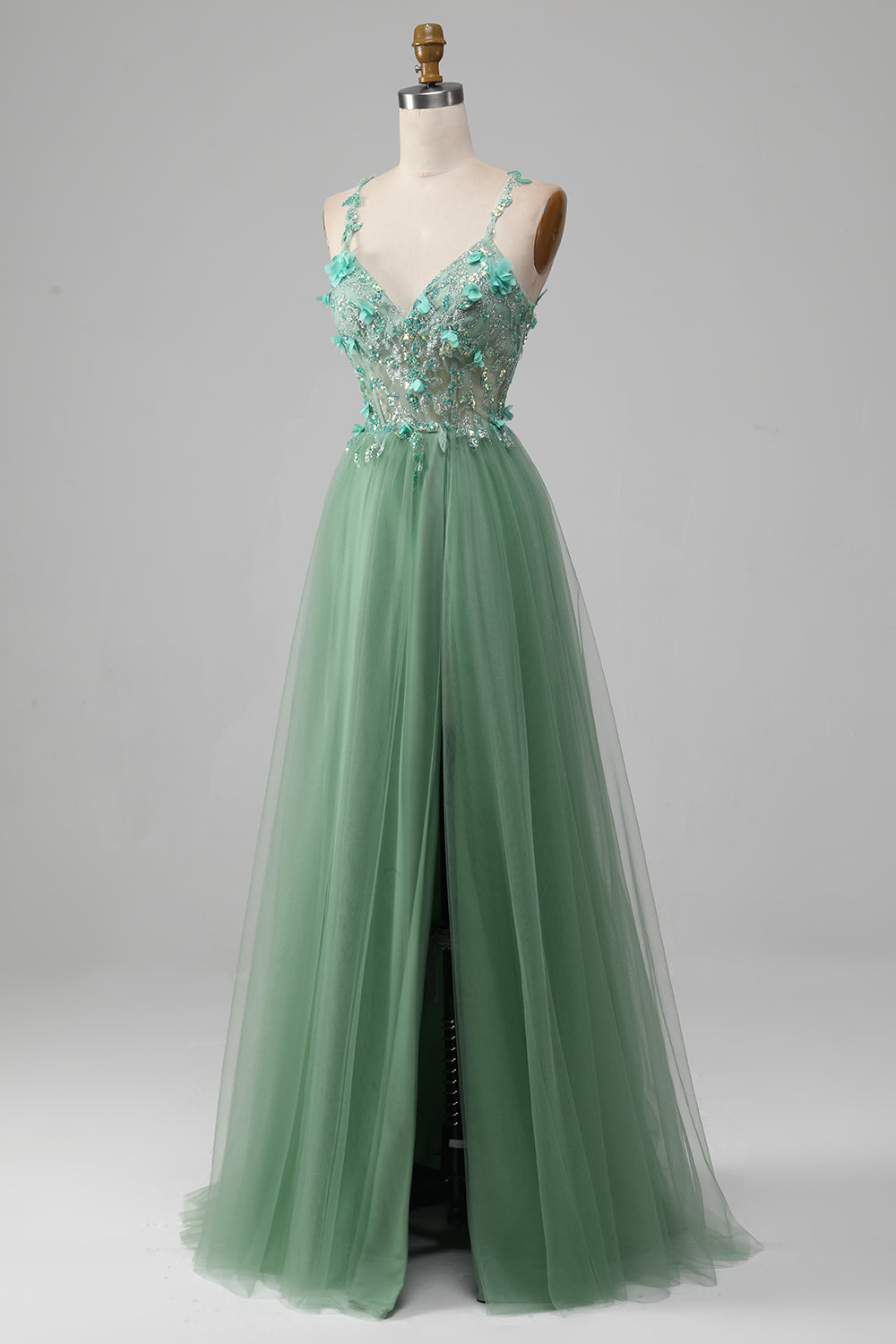 Sparkly Green A-Line Spaghetti Straps Corset Prom Dress With Appliques Beautiful With Slit