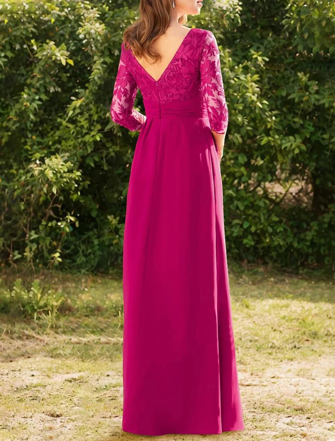 A-Line Mother of the Bride Dress Formal Wedding Guest Elegant Vintage V Neck Floor Length Lace 3/4 Length Sleeve with Lace