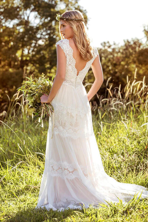 V-Neck Long Cap-Sleeve Appliqued Lace Tulle Wedding Dress Elegant Beautiful