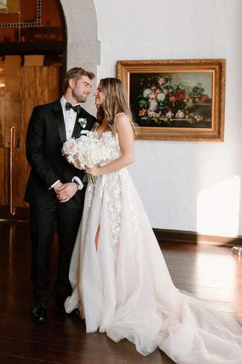 Fairy A Line Sweetheart Tulle Wedding Dresses with Appliques And Slit Beautiful