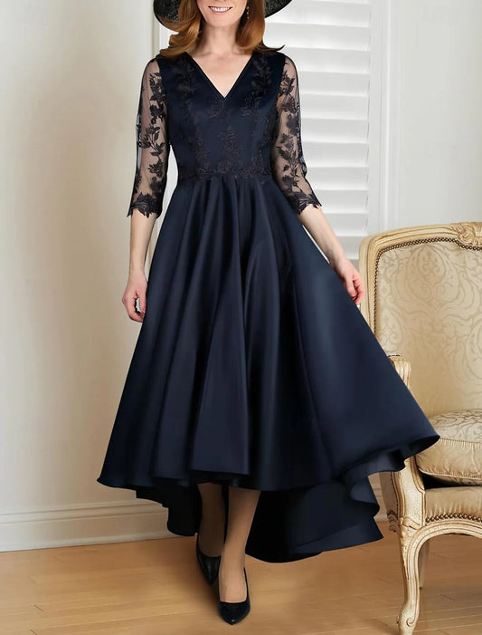 A-Line Mother of the Bride Dress Formal Wedding Guest Elegant Scoop Neck V Neck Asymmetrical Lace Italy Satin 3/4 Length Sleeve with Lace Pleats