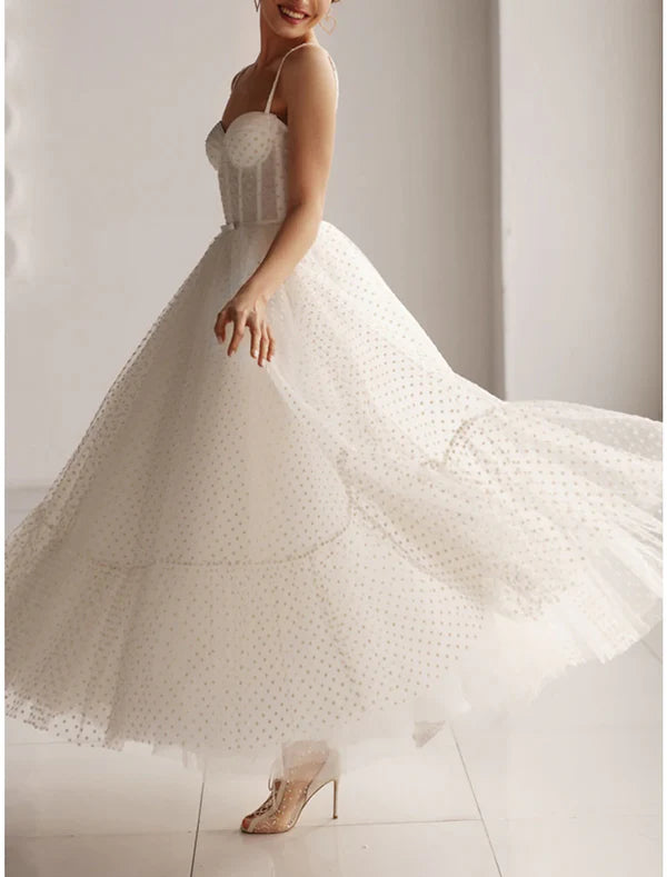 Reception Little White Dresses Wedding Dresses A-Line Sweetheart Camisole Spaghetti Strap Ankle Length Tulle Bridal Gowns