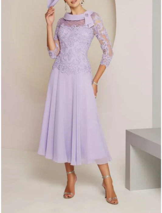 Sheath / Column Mother of the Bride Dress Wedding Guest Party Sweet Scoop Neck Tea Length Chiffon Lace 3/4 Length Sleeve with Pleats Beading Lilac