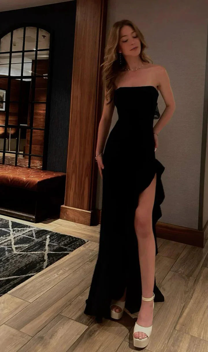 Xiaopinwu Black Strapless Sheath Ruffles Long Evening Dress Birthday Outfits Party Dress Formal Dress