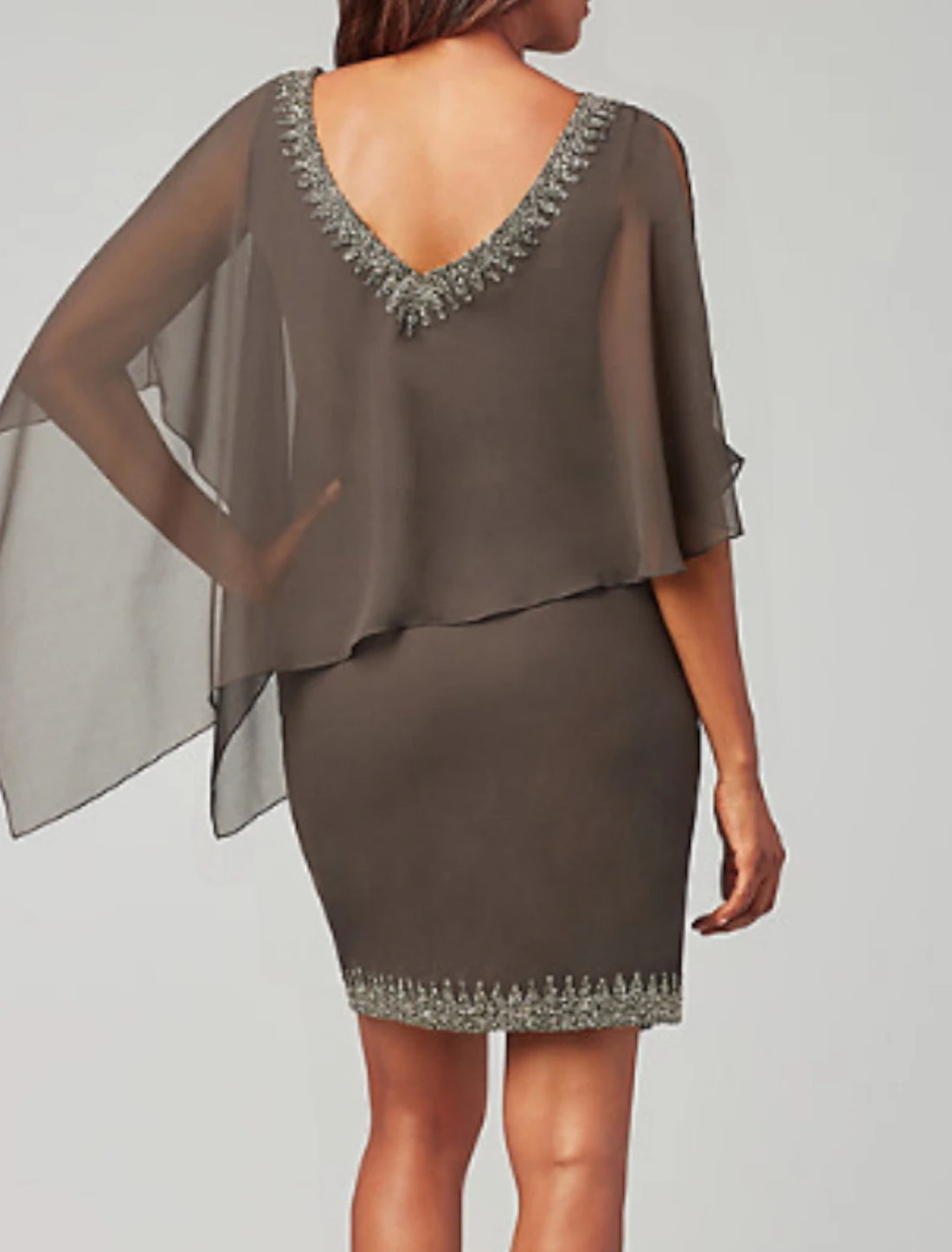 Sheath / Column Mother of the Bride Dress Plus Size Jewel Neck Short / Mini Chiffon 3/4 Length Sleeve with Beading